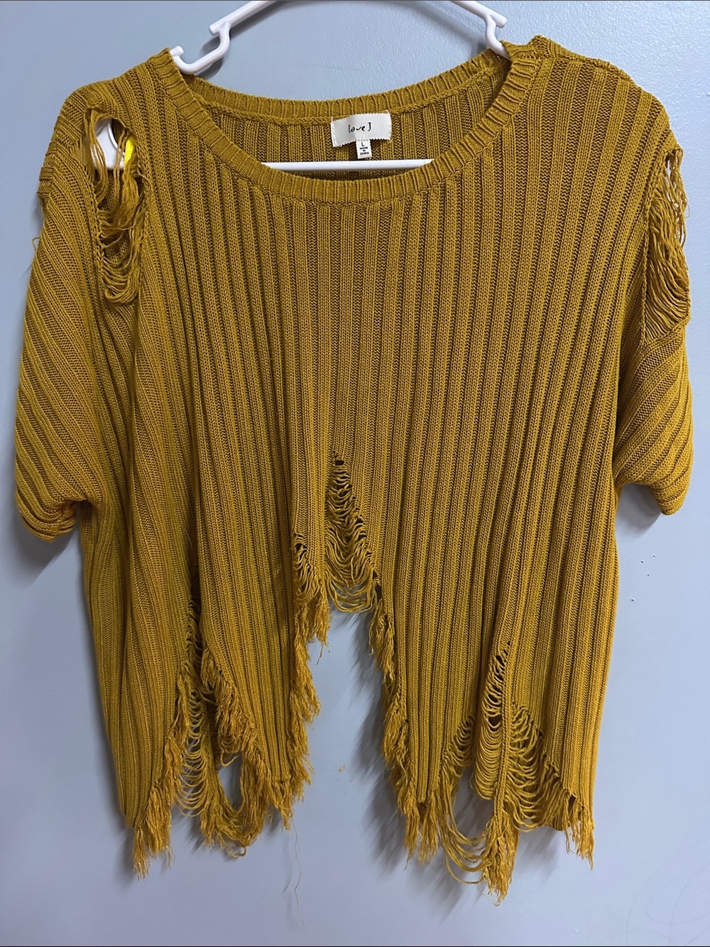 LOVE J Mustard Yellow Distressed Ribbed Knit Top